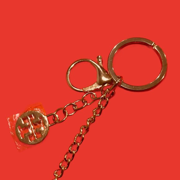 TORY BURCH Double T Classic Logo Metal Gold Keychain w Black Faux Fur Pompom - Picture 4 of 4